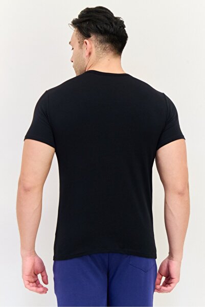 SLOGGI قميص داخلي رجالي من قطعتين برقبة دائرية وأكمام قصيرة وشعار العلامة التجارية، أسود