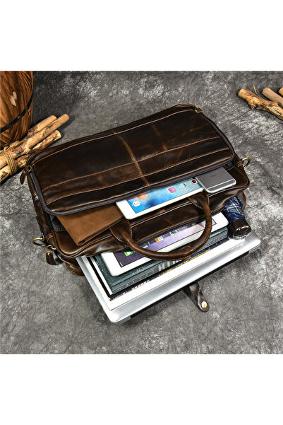 USSPY Leather laptop bag 16", shoulder, USSPY, large document capacity, trolley attachment system, brown