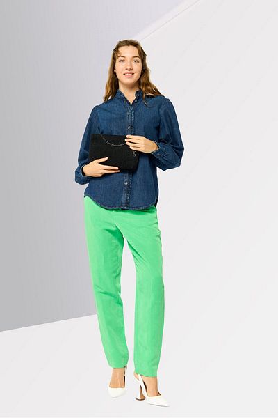 Tommy Hilfiger Women Ruffle Neck Long Sleeves Solid Denim Shirt, Blue