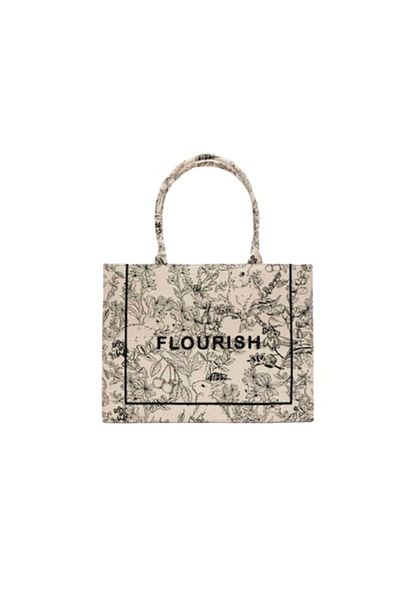 The Casius. Geanta tote, material exterior textil, design floral vintage Flourish, 41x15x32 cm, culoarea bej gri