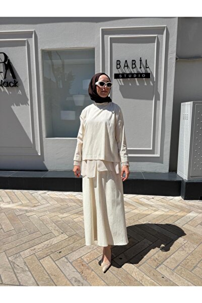 Almarwah Black 202822 Chiffon Mesh Detailed Women's Suit Beige