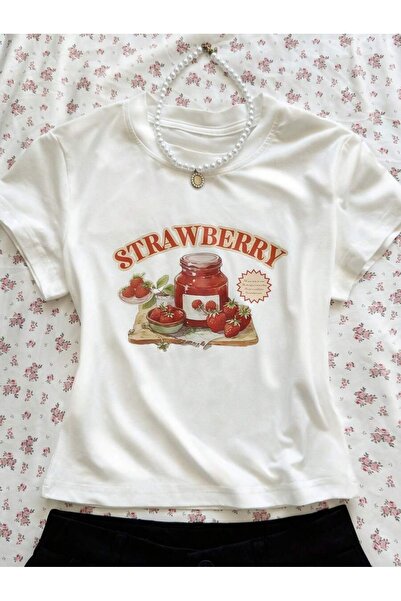 OVER HEAD Tricou pentru femei Strawberry cu imprimeu Baby Tee Crop tricou