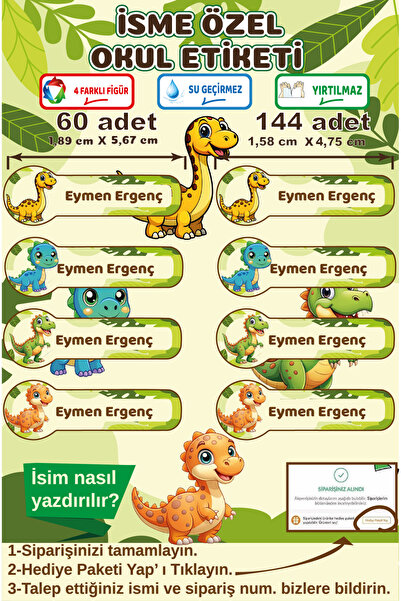 Ayza Tasarım İsme Özel Su Geçirmez Dinozor Okul Etiketi Sticker Kişiye Özel Ç...