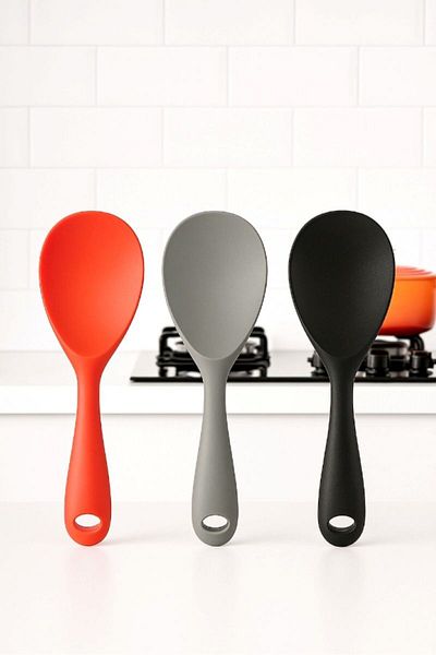 TARIK HOME 3Pcs 22cm Extra Hard Tip Silicone Mixing Spoon, Rice, Halva Spoon Fireproof Pan Non-Scratch