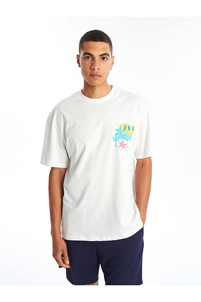 LC Waikiki Ανδρικό μπλουζάκι Ecru Crew λαιμόκοψη με κοντό μανίκι 100% βαμβακερό εμπριμέ χτενισμένο βαμβακερό
