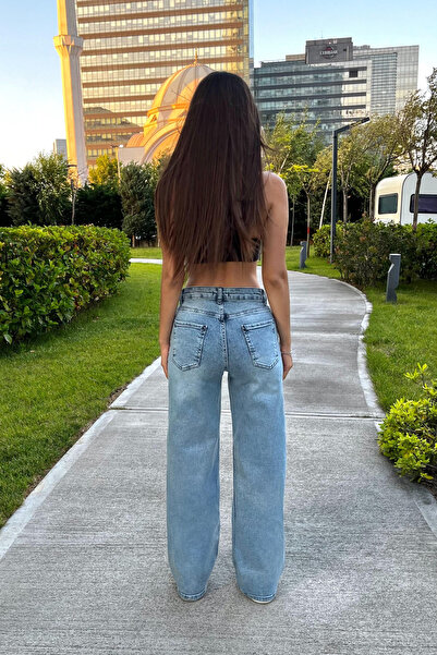 BİKELİFE Women's High Waist Stretchy Faded Effect Vintage Wide Leg Wide Leg Casual Jean