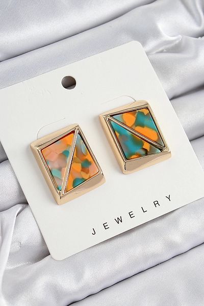 Clariss Brass Orange Green Triangle Cut Detailed Square Model Vintage Gold Color Women's Earrings