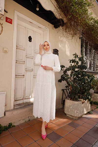 Viskosa Women's White Long Sleeve Brode Patterned Lined Cotton Dress