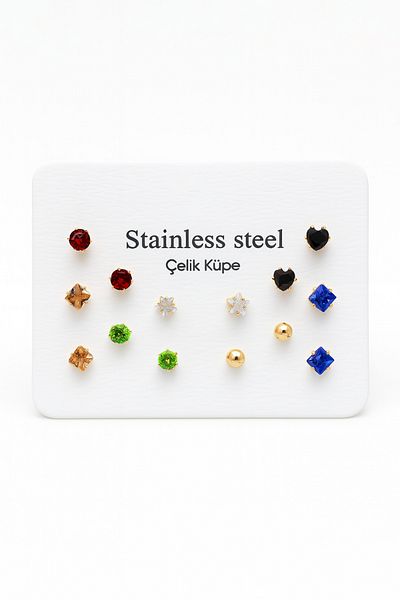 MakeWell Steel Zircon Stone Colorful Solitaire Earring Set