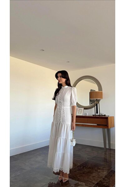 HAZELANNA فستان ماكسي أبيض مزين بالتطريز الرومانسي
