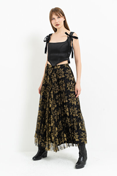 Kikiriki Siyah-Altin Beli Lastikli Pileli Dantel Etek