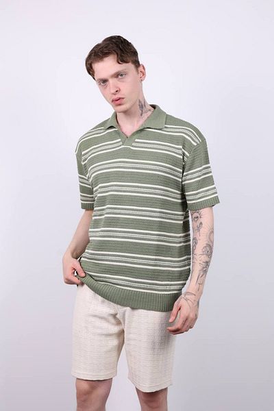 İLKCET MODA Ανδρικό μπλουζάκι με ριγέ με λαιμόκοψη V Oversize