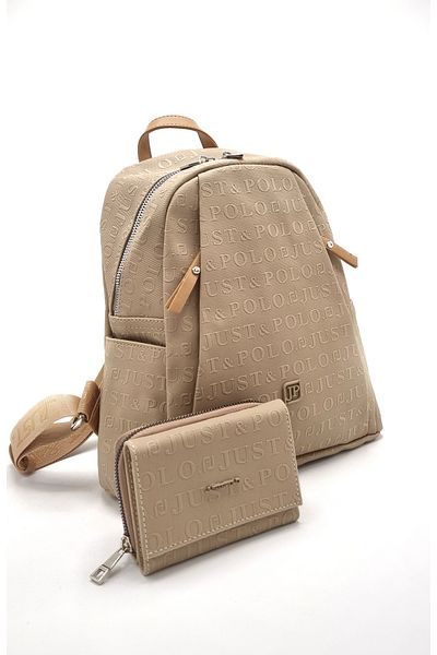 çantamgelsin Just Polo Women's 9 Compartment Embossed Printed Backpack and Wallet Combination