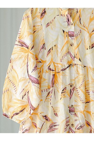 Modamorfo Floral Patterned Half Button Dress with Split Sleeves and Elastic Waist - Mustard