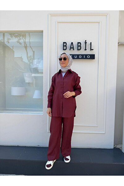 Babil Butik Td4269 Linen Women's Trouser Suit Burgundy