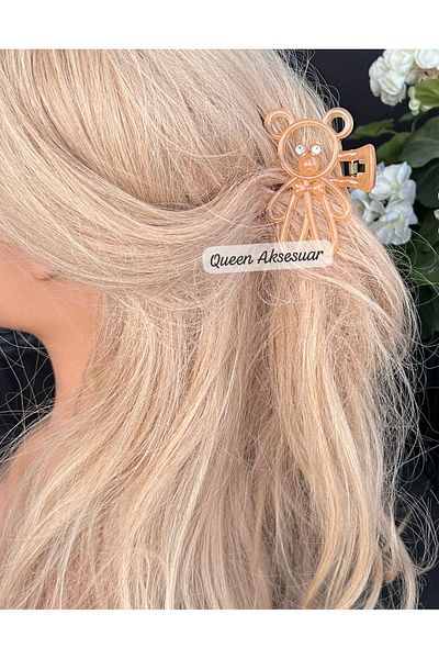 QUEEN AKSESUAR Luxury Cute Neon Transparent Colorful Crystal Stone Teddy Bear Clothespin Buckle Bear Clip Golden Yellow