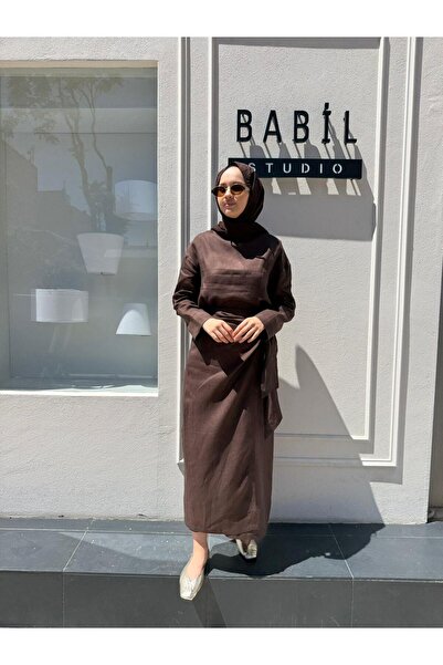 Babil Butik TD4325 Bağlamalı Keten Etekli Kadın Takım Kahve