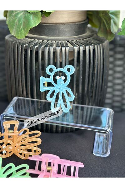 QUEEN AKSESUAR Luxury Cute Neon Transparent Colorful Crystal Stone Teddy Bear Clothespin Buckle Bear Clip Blue
