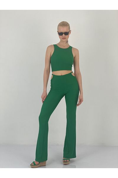 Miss Poem Women's Trousers Open Side Zippered Green Suit