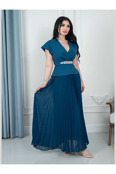 Nice Model Royal Blue Crystal Belt Chiffon Maxi Dress - V-Neck Evening Gown for Special Occasions