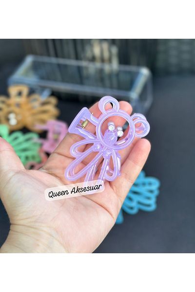 QUEEN AKSESUAR Luxury Cute Neon Transparent Colorful Crystal Stone Teddy Bear Clothespin Buckle Bear Clip Purple Lilac