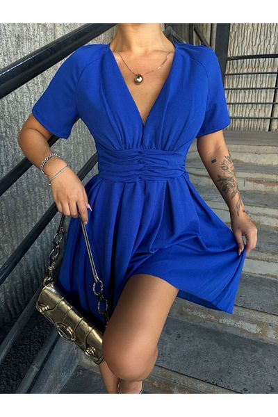 sharin Rochie mini evazată Saks albastră cu decolteu în V pentru femei 4C-2349