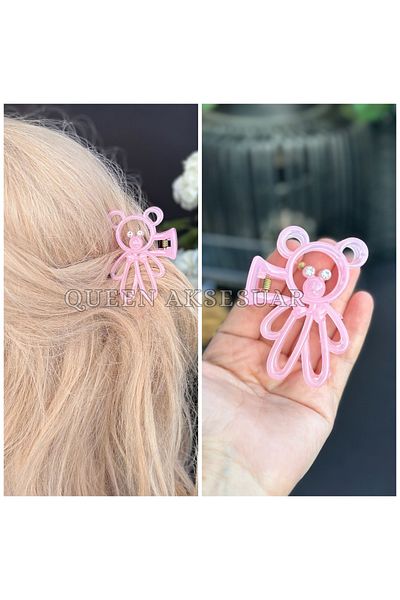 QUEEN AKSESUAR Luxury Cute Neon Transparent Color Crystal Stone Teddy Bear Clothespin Buckle Bear Clip Pink