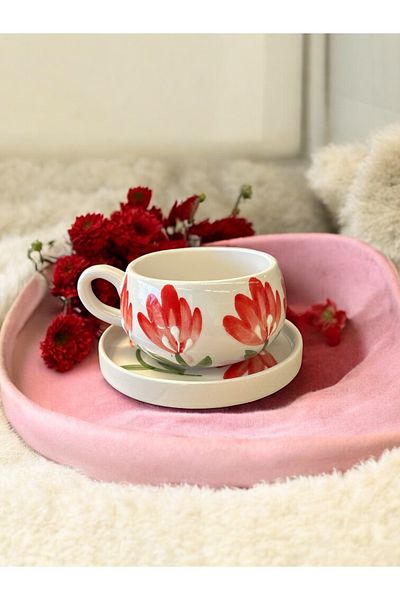 seramiker Red Flower Plate Mug