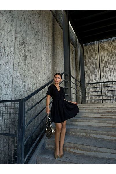 sharin Women's Black V-Neck Gathered Mini Flared Dress 4C-2348