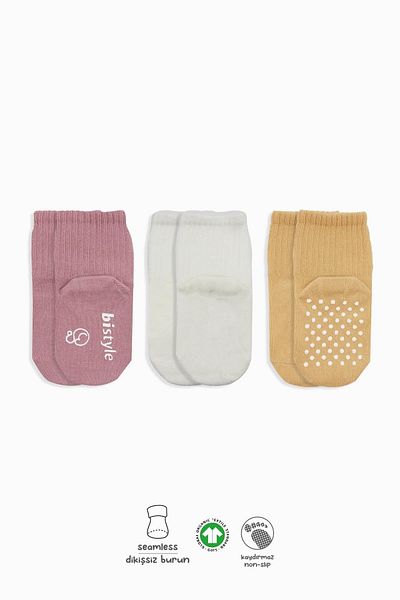 MBB ETİCARET Bistyle Basic Non-Slip Combed Cotton Socks 3-Piece Bs10107 Powder Ecru Salmon