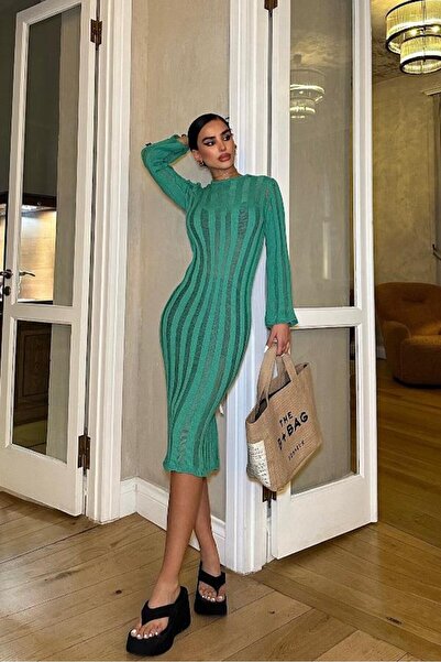 WeShaya Γυναικείο πράσινο βαμβακερό πλεκτό μακρυμάνικο φόρεμα