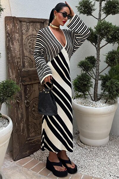 WeShaya Rochie lungă de damă, neagră, ecru, tricotată, cu mâneci balon