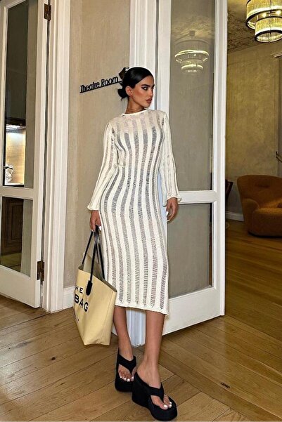 WeShaya Rochie midi din bumbac ecru pentru femei