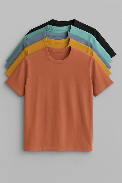 BYBÜLENT Men's Black Gray Turquoise Yellow Brown 100% Cotton Crew Neck 5 Pack T-Shirt T-Shirt