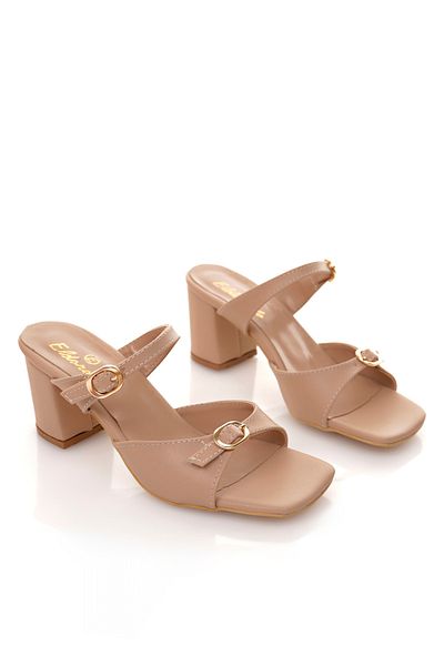 meyra'nın ayakkabıları Women's Gold Buckle Detailed Heeled Slippers Nude