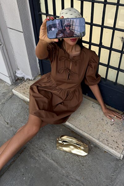 WeShaya Дамска кафява поплинена къса рокля с V-образно деколте