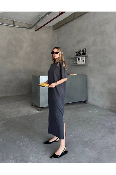Butik Anthracite Side Slit Modal Dress
