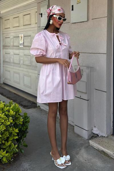 WeShaya Women's Pink Poplin Balloon Sleeve Short Dress