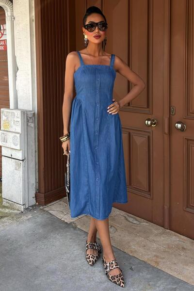 WeShaya Women's Denim Blue Tencel Midi Dress with Corsage Detail