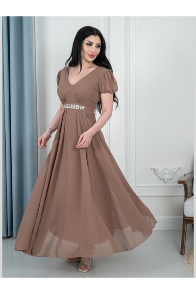 Nice Model Formal Evening Maxi Dress Rhinestone Belt V-Neck Chiffon Gown Elegant Party Plus Size