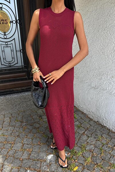 Genel Markalar Kadın Bordo Kolsuz Örme Maxi Elbise
