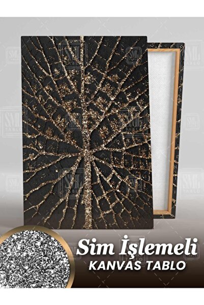 SML TABLO Simli Altın Ağaç Dalı Modern Gold Pırıltılı Siyah Hayat Ağacı Sim İşlemeli Dikey Kanvas Tablo