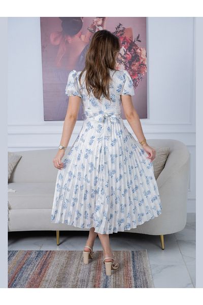 Nice Model Blue Floral Midi Dress Women Spring Summer Elegant A-Line Short Sleeve Classic White Print Casual