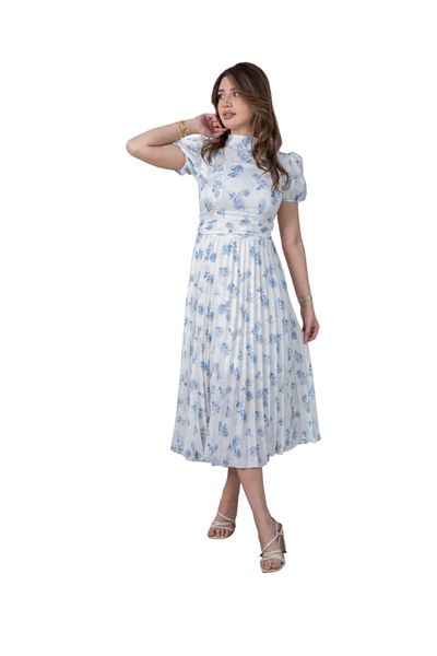 Nice Model Blue Floral Midi Dress Women Spring Summer Elegant A-Line Short Sleeve Classic White Print Casual