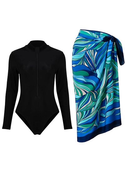 CUPSEA Black Long Sleeve Zippered Lycra Swimmer Swimsuit Sea Blue Pareo Set of 2