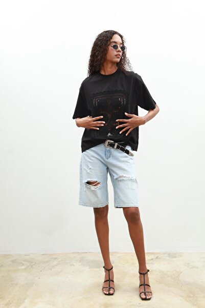 WeShaya Γυναικείο μπλουζάκι με κοντό μανίκι με μαύρο υφαντό υλικό