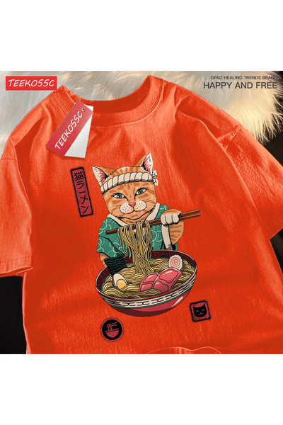 StartMore Y2K Vintage T-Shirt Tee Japanese Harajuku Eating Noodles Cat