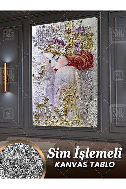 SML TABLO Simli Çiçek Kafalı Kırmızı Pırıltılı Rujlu Kadın Sim İşlemeli Dikey...
