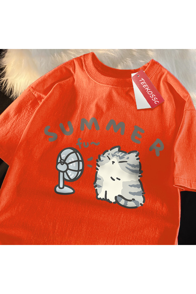 StartMore Y2K Vintage T-Shirt Tee Fun Hair Dryer Fan Cat Japanese Style