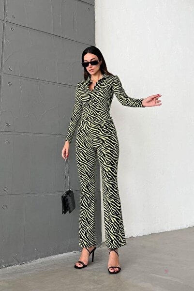 WeShaya Women's Multi Polo Neck Polyester Patterned Woven Suit